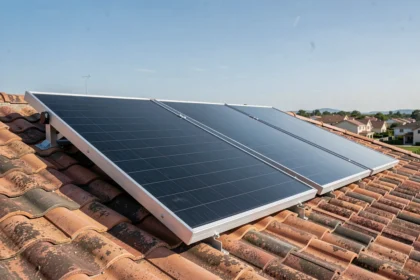 Chauffe-eau solaire à panneaux plats installé sur un toit en tuiles résidentielles avec ciel bleu en arrière-plan
