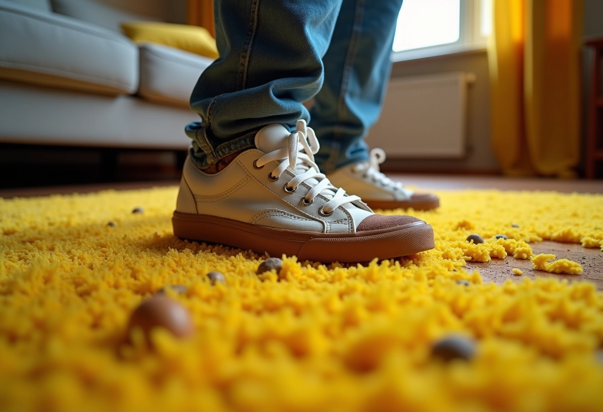 Chaussure boueuse sur tapis jaune dans salon lumineux