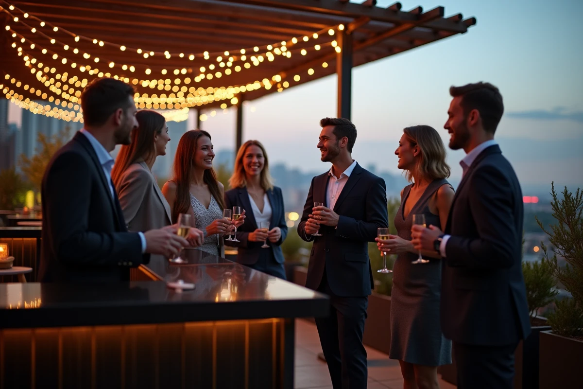 Groupe de professionnels lors d'un cocktail networking sur un rooftop en soirée avec pergola et bar élégant
