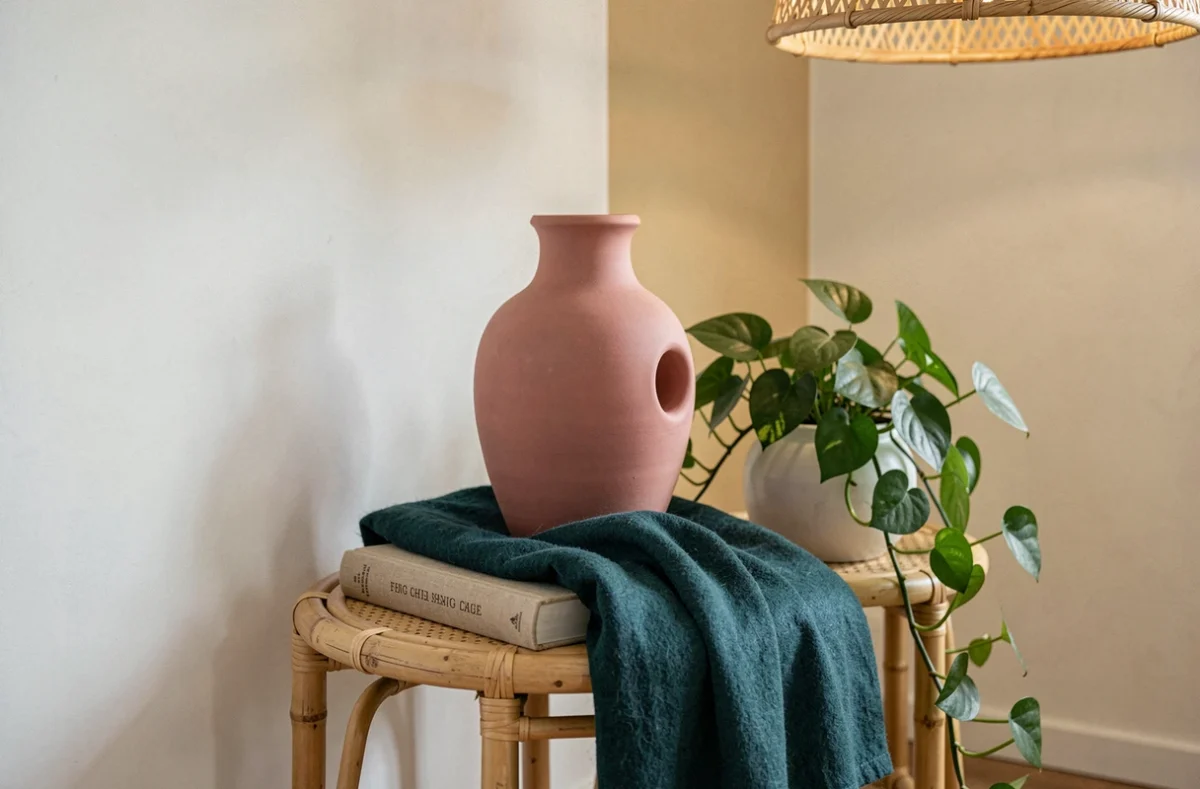 Coin décoratif feng shui avec vase céramique rose poudré, plaid teal et plante verte sur table en bambou, combinaison de couleurs 2026