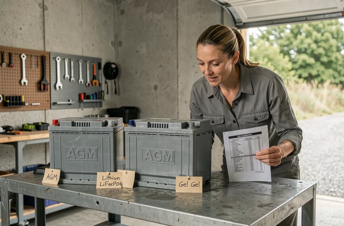 Comparaison de batteries AGM, lithium LiFePO4 et gel pour panneau solaire 200W dans un atelier de garage