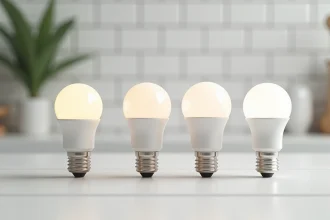 Quatre petites ampoules avec différents types de culots E14, G9, GU10 et B22 posées sur une surface en bois blanc, comparaison visuelle des formats de culots