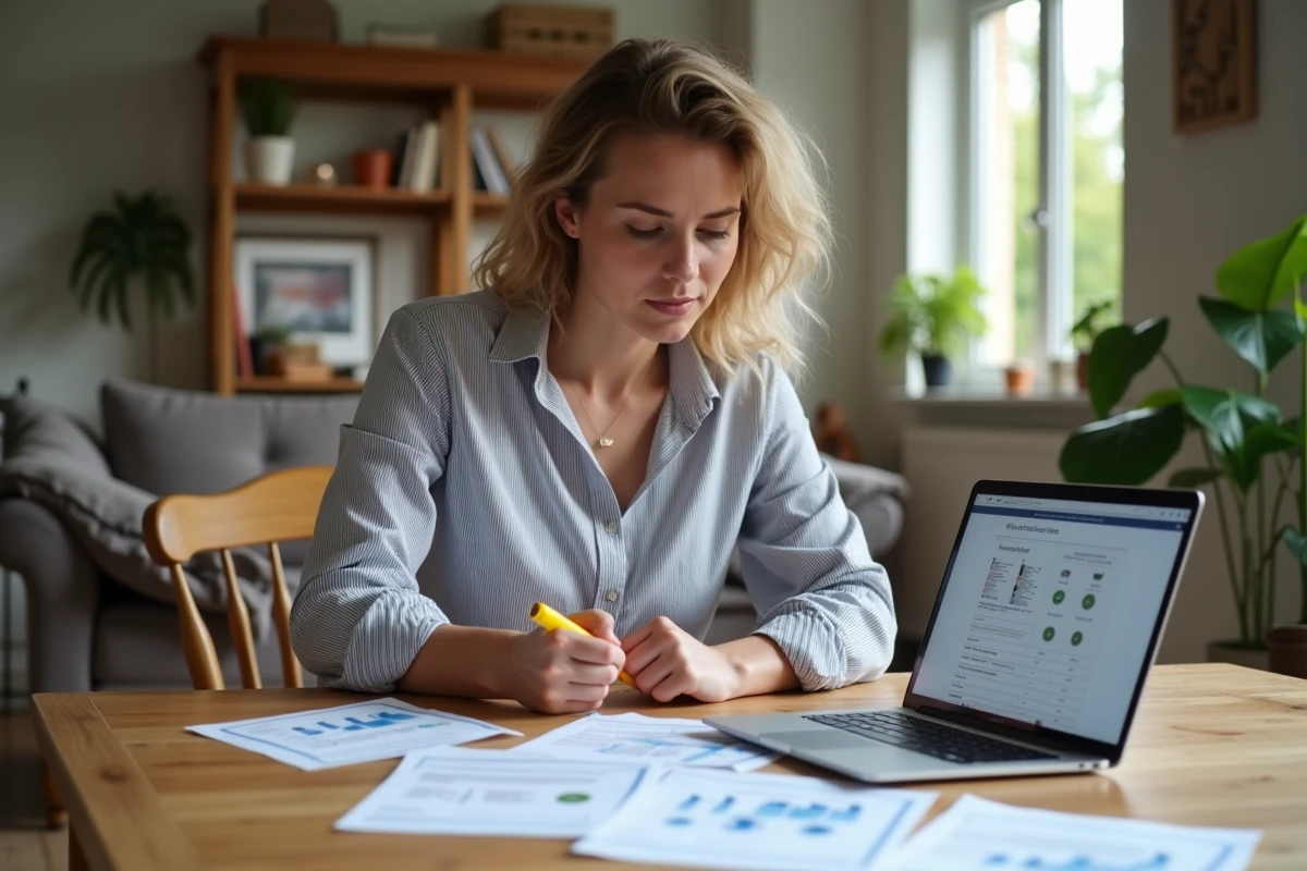 Femme comparant plusieurs offres de r&eacute;novation et devis de travaux &agrave; la maison