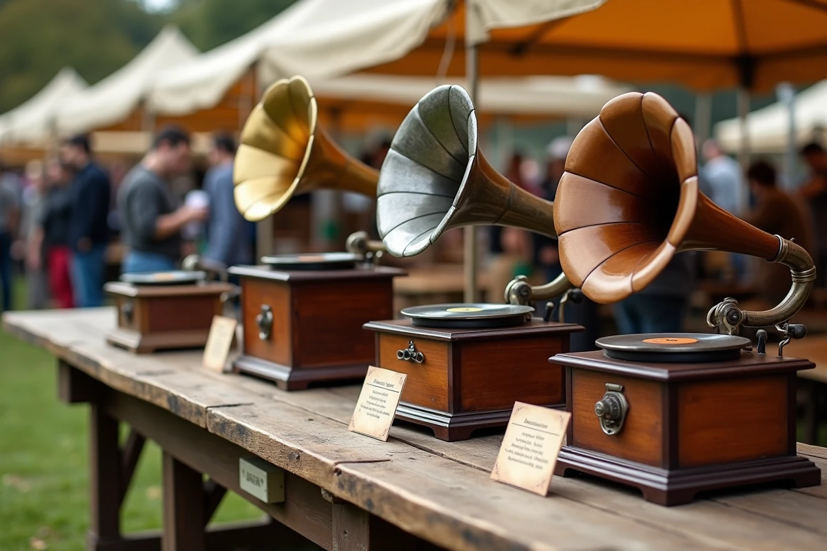 Comparaison de trois gramophones anciens de différentes époques sur un marché aux puces avec fiches d'estimation