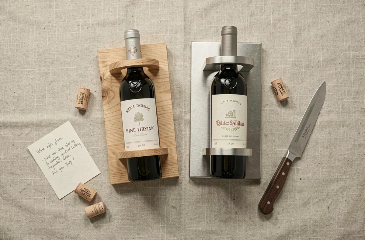 Comparaison côte à côte d'un porte bouteille mural en bois clair et en acier inoxydable brossé sur une surface en lin avec accessoires de dégustation de vin