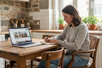 Femme comparant des services de reprise de meuble en ligne depuis son appartement, avec un fauteuil ancien et un ordinateur portable sur une table en bois