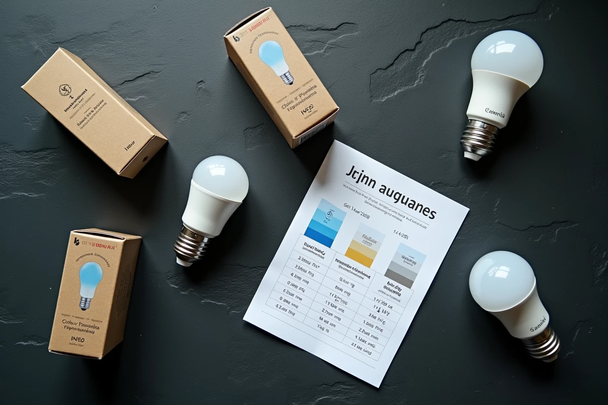 Vue aérienne d'ampoules à petits culots avec leurs emballages et un tableau comparatif de durée de vie, consommation et température de couleur
