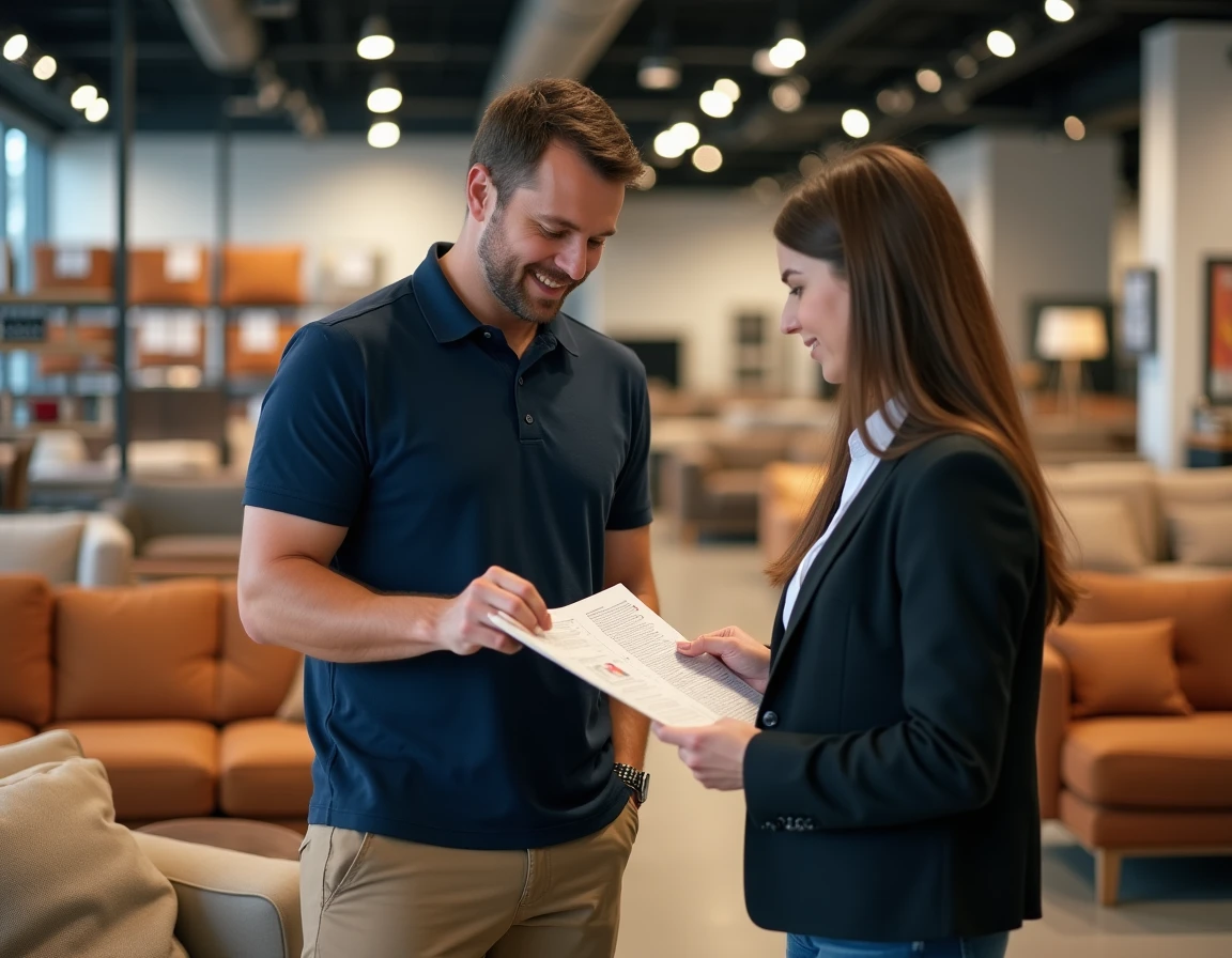 Conseiller de vente Poltrone et Sofa aidant un client avec les informations pratiques du magasin de Plan de Campagne