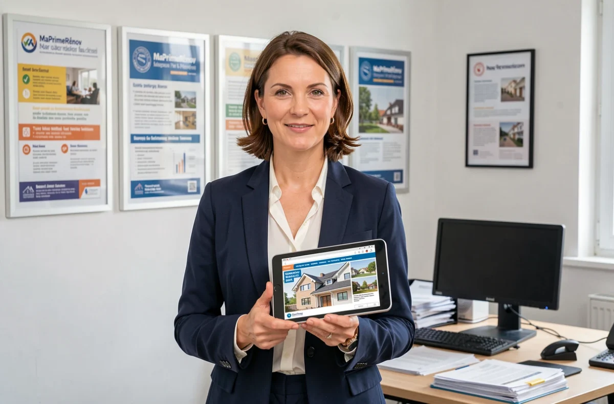 Conseillère en rénovation énergétique expliquant les aides fiscales disponibles pour l'installation d'une pompe à chaleur