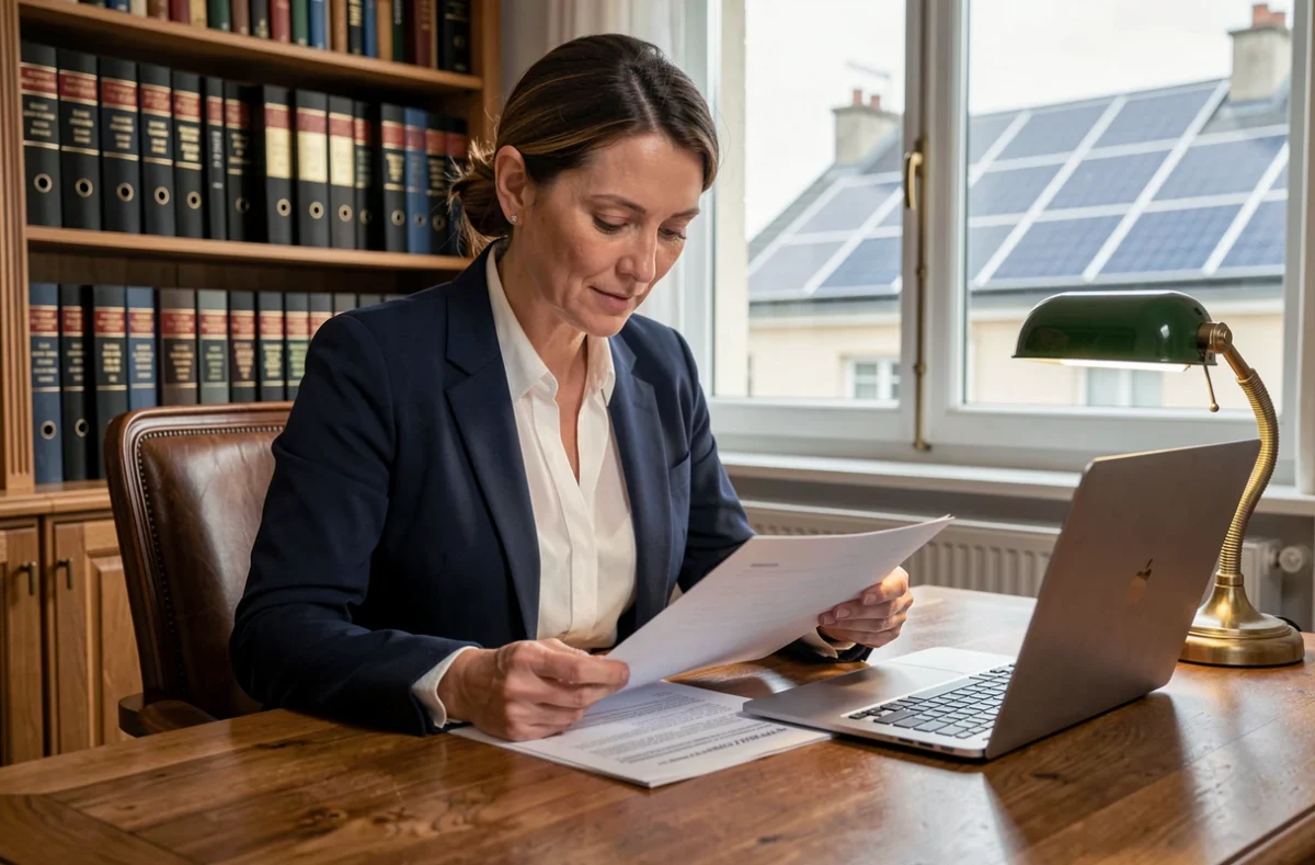 Conseillère fiscale analysant l'impact des panneaux solaires sur la taxe foncière dans un bureau professionnel
