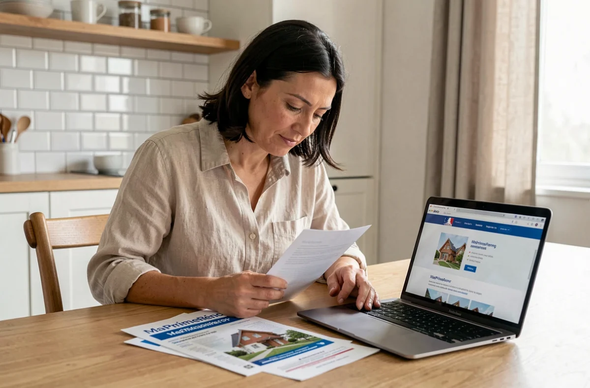 Femme consultant les documents d'aides de l'État pour financer une pompe à chaleur air-air à domicile