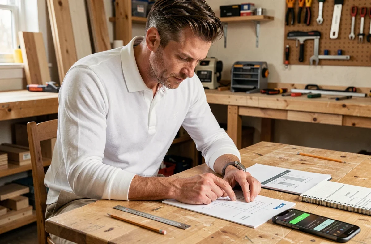 Homme consultant un guide de dimensions VELUX avec des notes manuscrites et un mètre ruban sur un établi