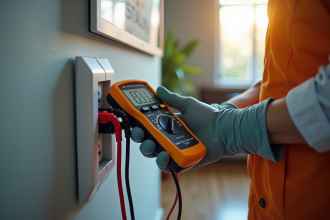 Personne utilisant un multimètre pour vérifier une prise électrique