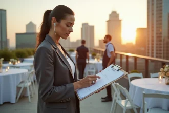 Coordinatrice événementielle sur un rooftop urbain en pleine préparation d'un événement professionnel avec vue sur la skyline