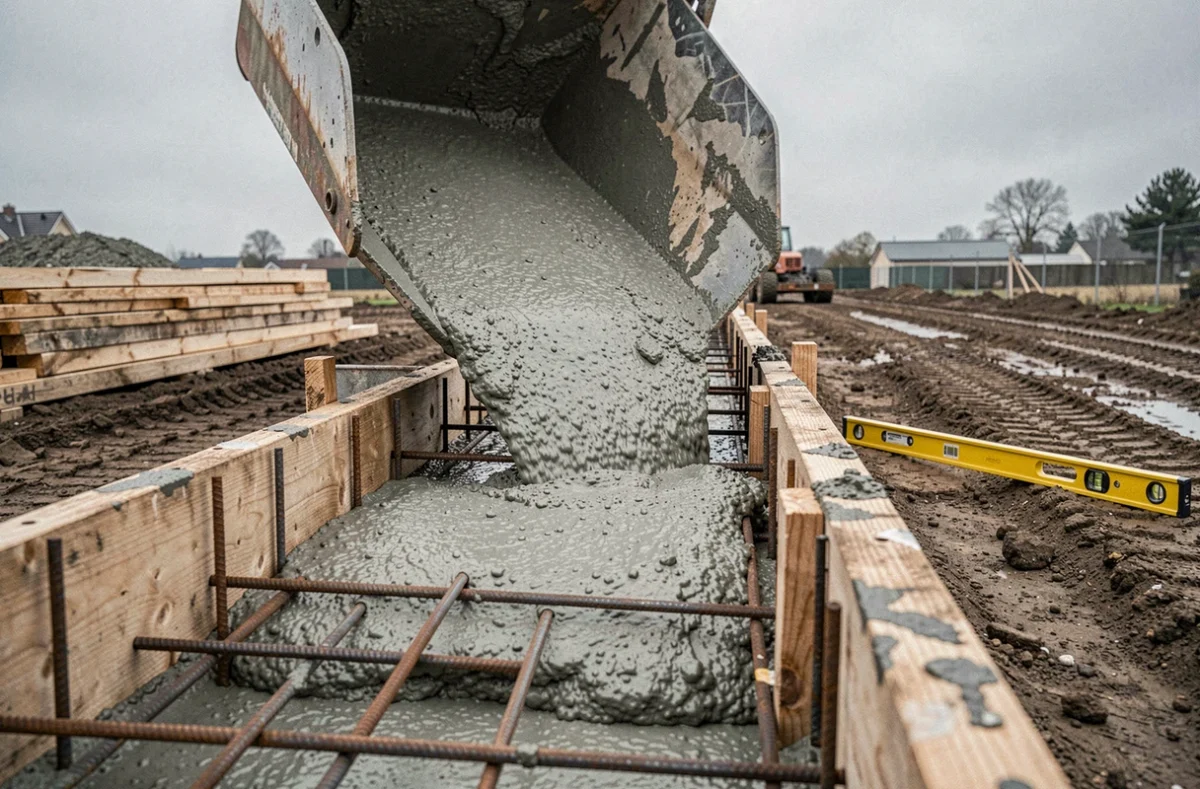 Coulage de béton dans les semelles filantes d'une fondation en béton armé sur chantier de maison individuelle
