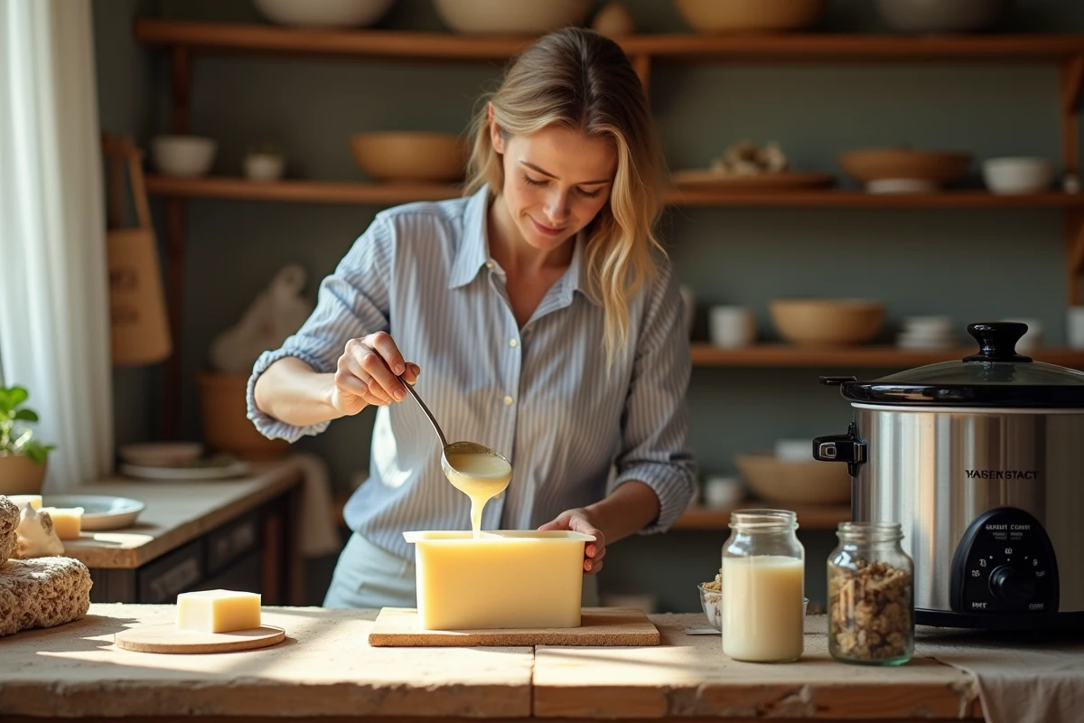 Femme versant du savon liquide fondu dans un moule en silicone gr&acirc;ce &agrave; une mijoteuse, technique alternative au micro-ondes