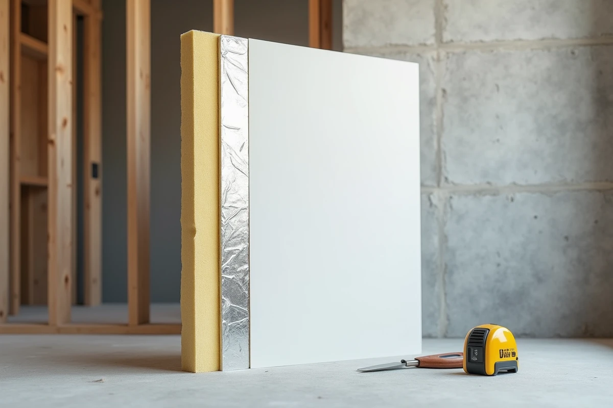 Coupe transversale d'une plaque de plâtre avec isolation intégrée montrant les couches de plâtre, mousse et pare-vapeur