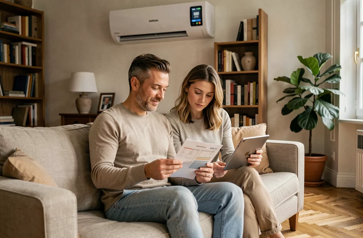 Couple consultant une facture et comparant les prix d'une pompe à chaleur Atlantic dans leur salon