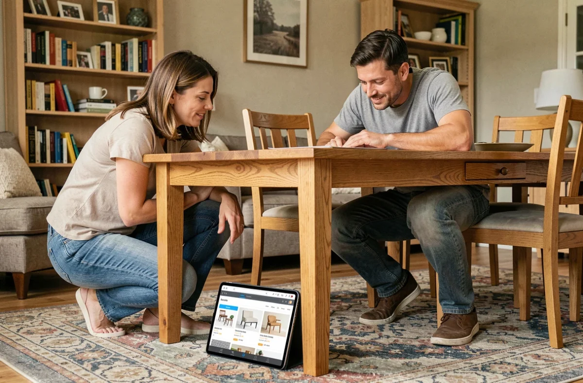 Couple évaluant un meuble de salle à manger avant de commander un service de reprise en ligne, avec une tablette affichant une comparaison de plateformes