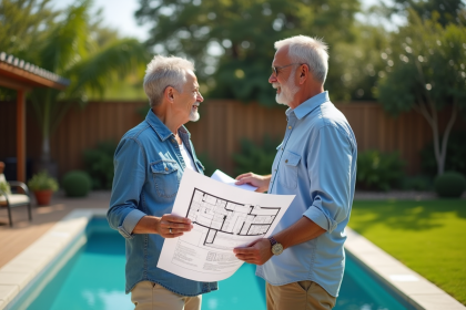 Couple regardant un plan de jardin près de la piscine