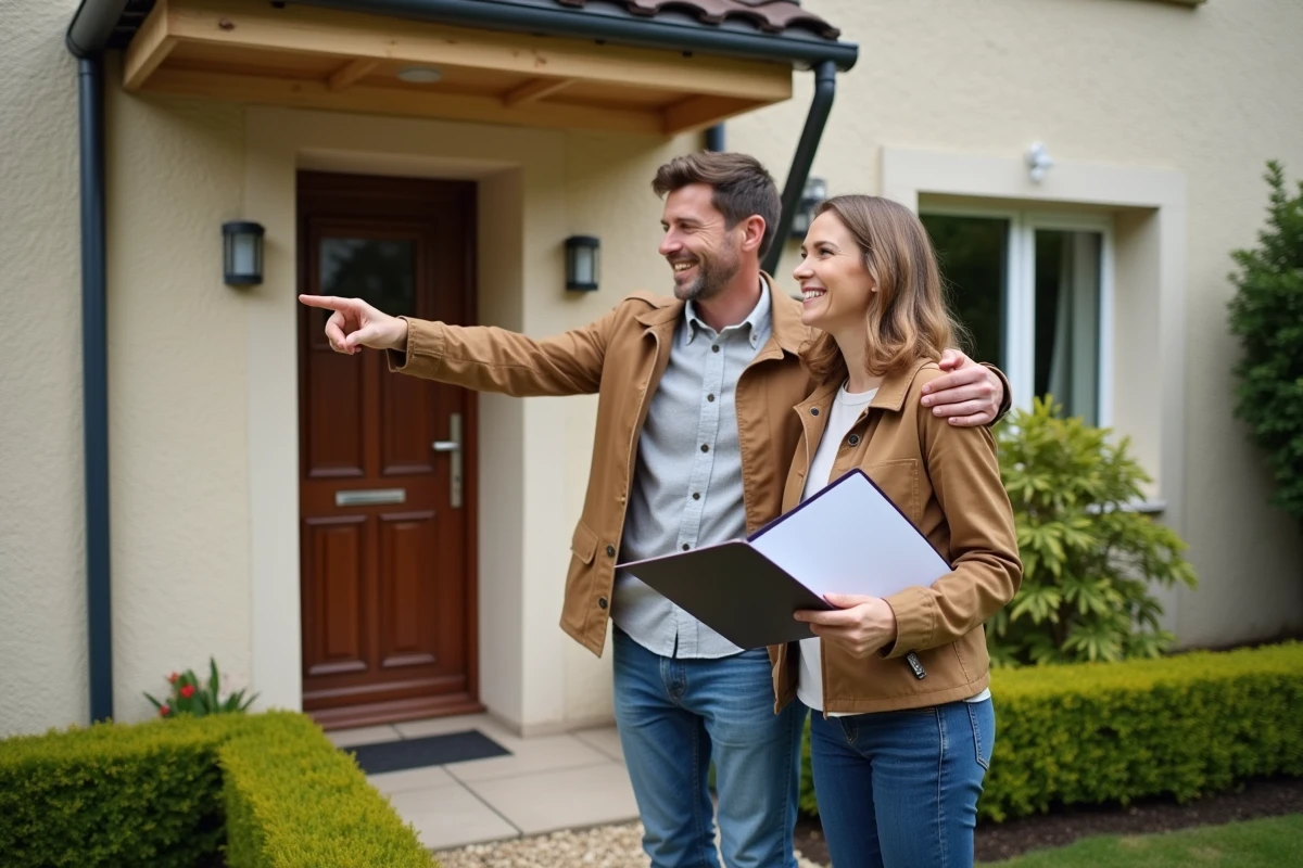 Couple propriétaire tenant des documents d'assurance habitation MACIF devant leur maison en France