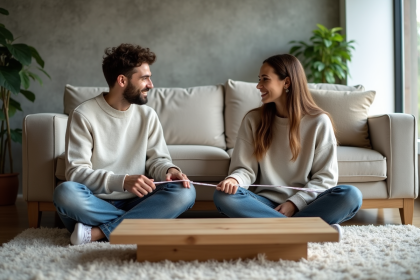 Jeune couple dans un salon moderne en train de mesurer l'espace