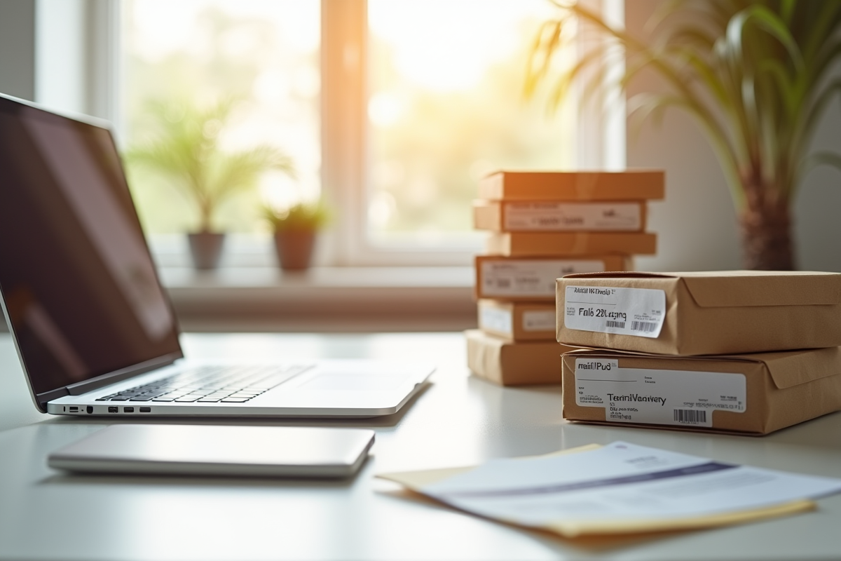 Pile de lettres et colis avec ordinateur pour service de redirection
