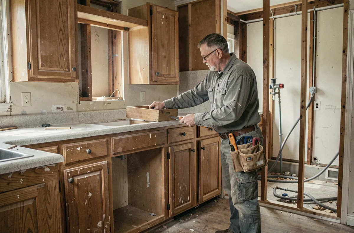Artisan spécialiste de la rénovation de cuisine déposant des anciens meubles lors d'un chantier pour C.S.V.T