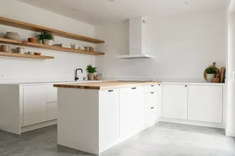Cuisine blanche et bois avec îlot central en chêne et façades laquées blanc mat dans un style scandinave minimaliste