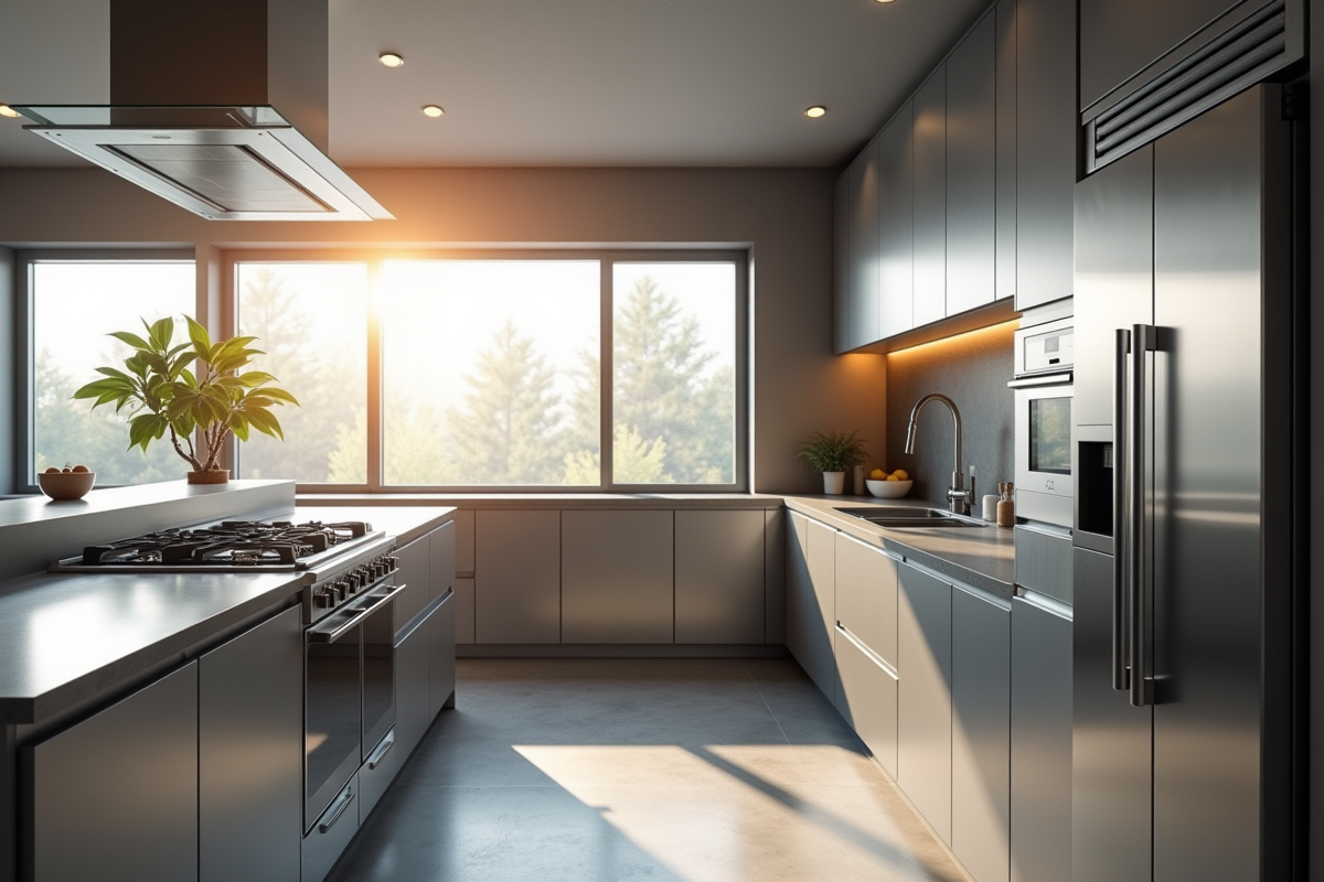 Cuisine moderne avec appareils en inox brillant et évier propre