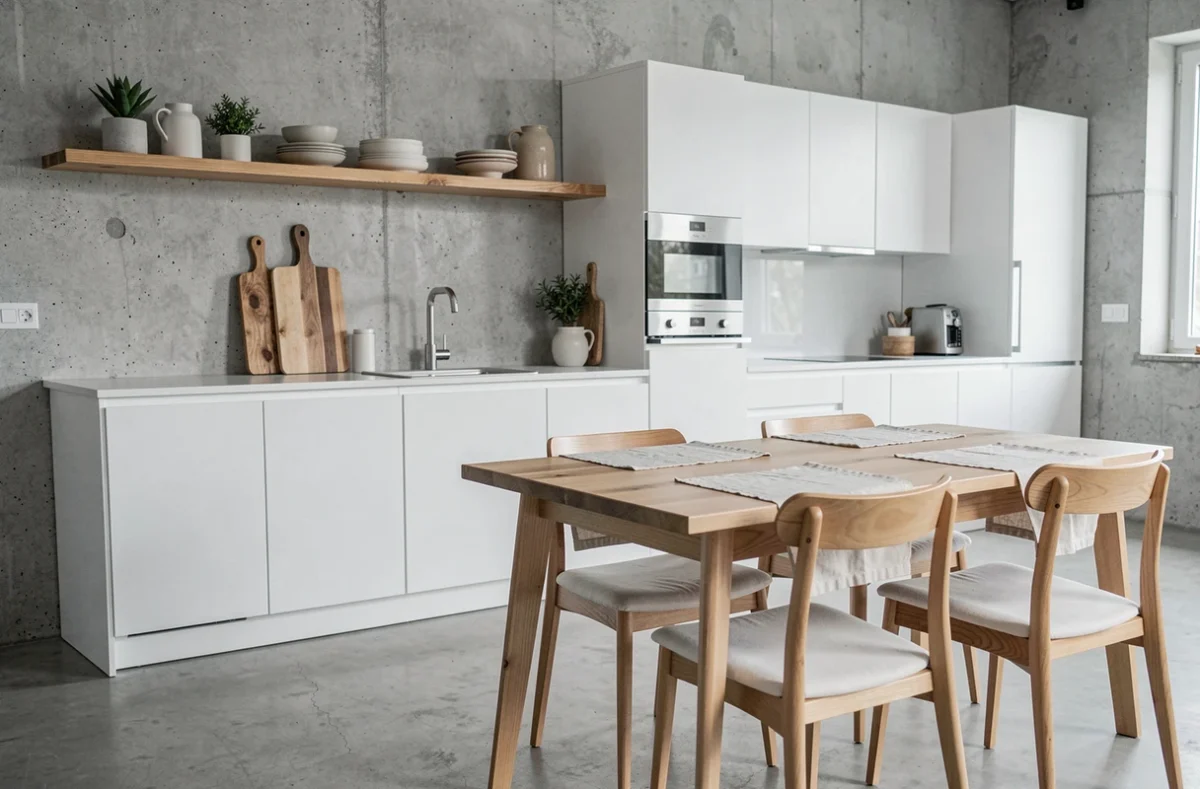 Cuisine ouverte blanche et bois avec coin repas en béton ciré et étagères en pin dans un intérieur moderne et minimaliste