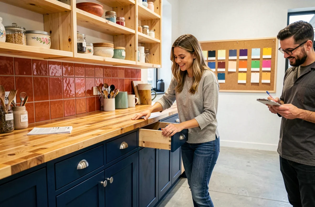 Cuisine colorée de Cuisines et Couleurs avec armoires bleu marine, étagères en pin et crédence en carreaux de ciment terracotta