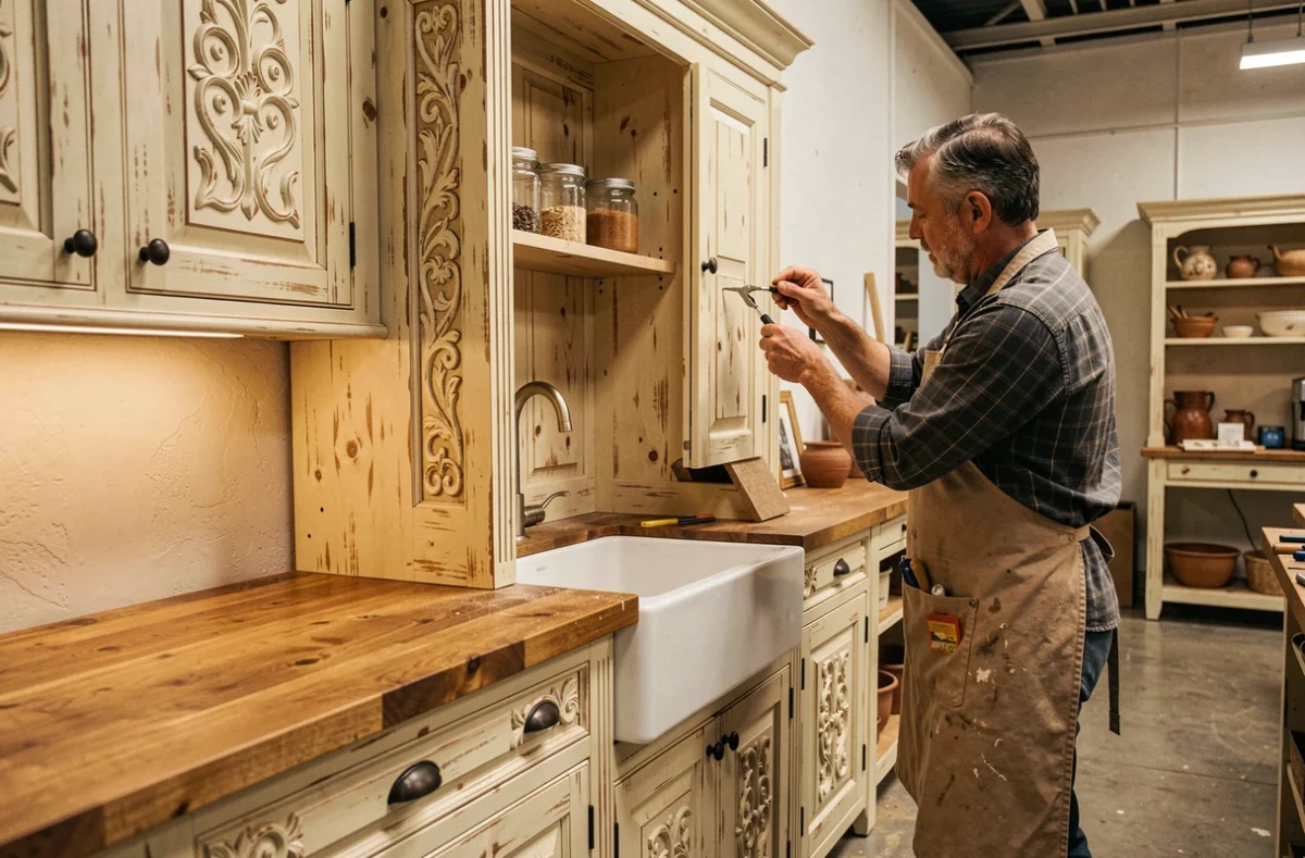 Cuisine traditionnelle Cuisines Teissa avec armoires en bois massif crème patiné, panneaux sculptés et évier de ferme en céramique
