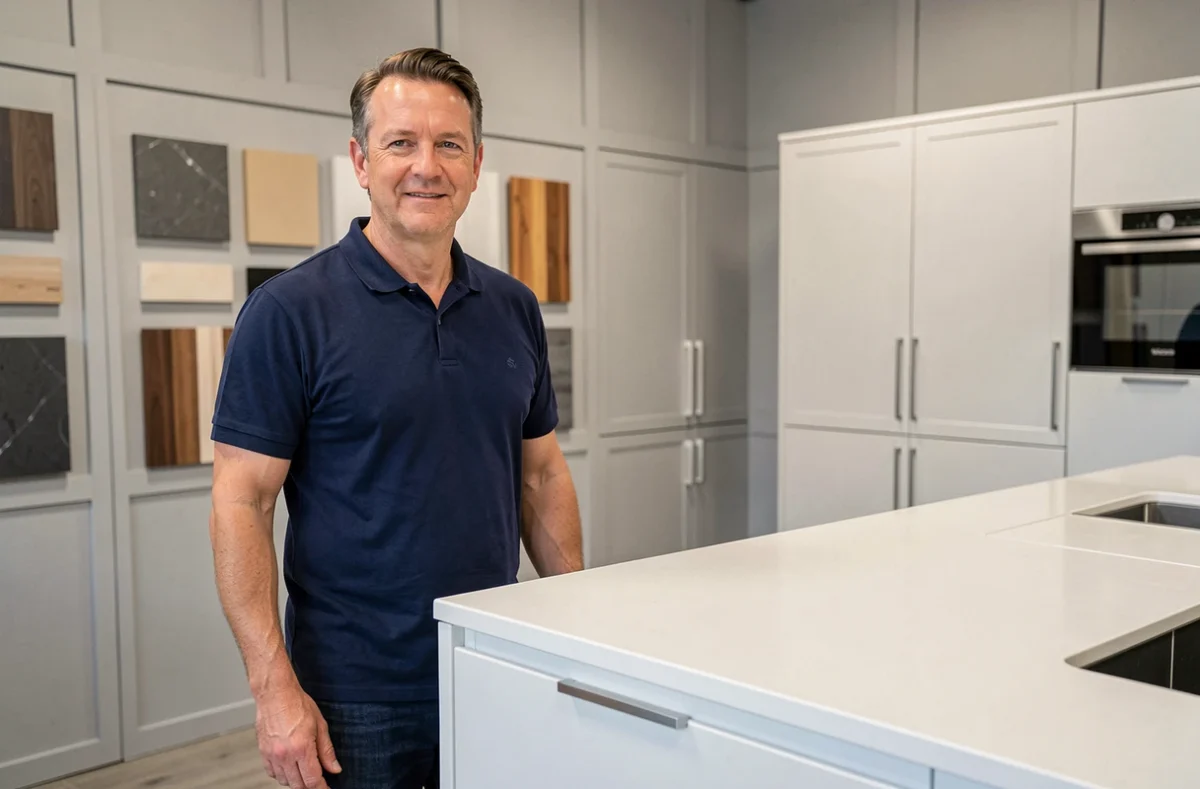 Cuisiniste de Cuisines Vernier SARL présentant une cuisine blanche laquée dans son showroom à Vesoul