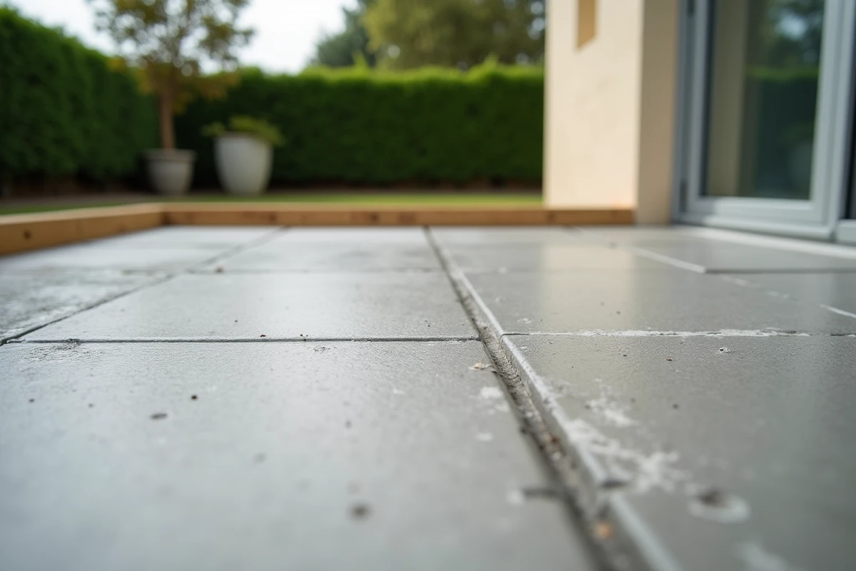 Gros plan sur une dalle béton lissée et prête à carreler sur une terrasse de maison individuelle