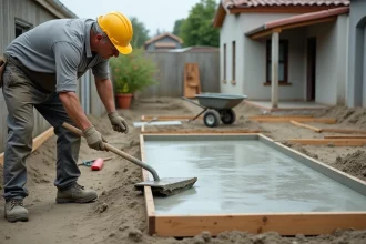 Maçon professionnel lissant une dalle de béton fraîchement coulée sur une terrasse résidentielle en chantier