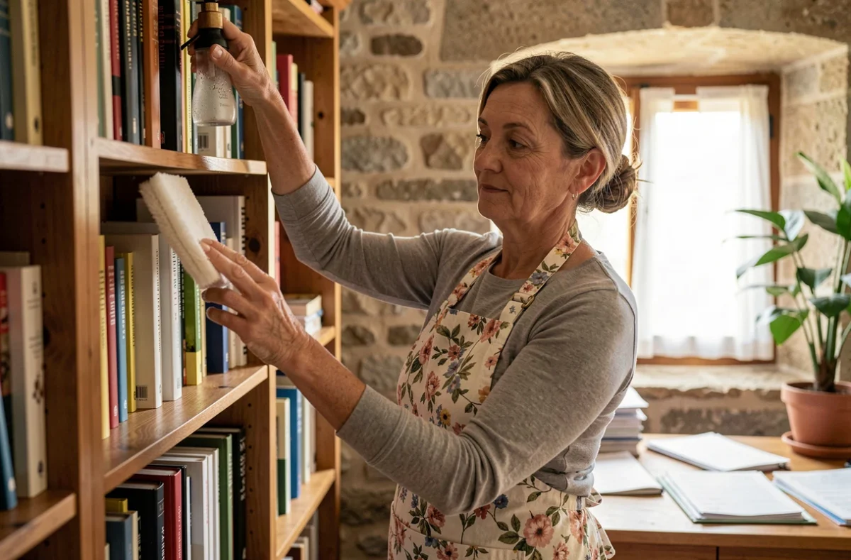 Dame de ménage expérimentée époussetant une bibliothèque en bois dans un bureau aux murs en pierre volcanique à Clermont-Ferrand