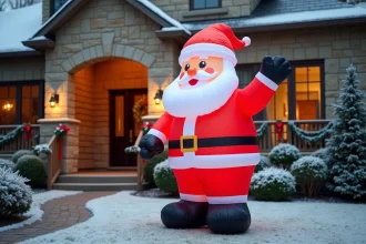 Grande décoration extérieure père Noël gonflable dans un jardin de maison enneigée pour Noël 2026