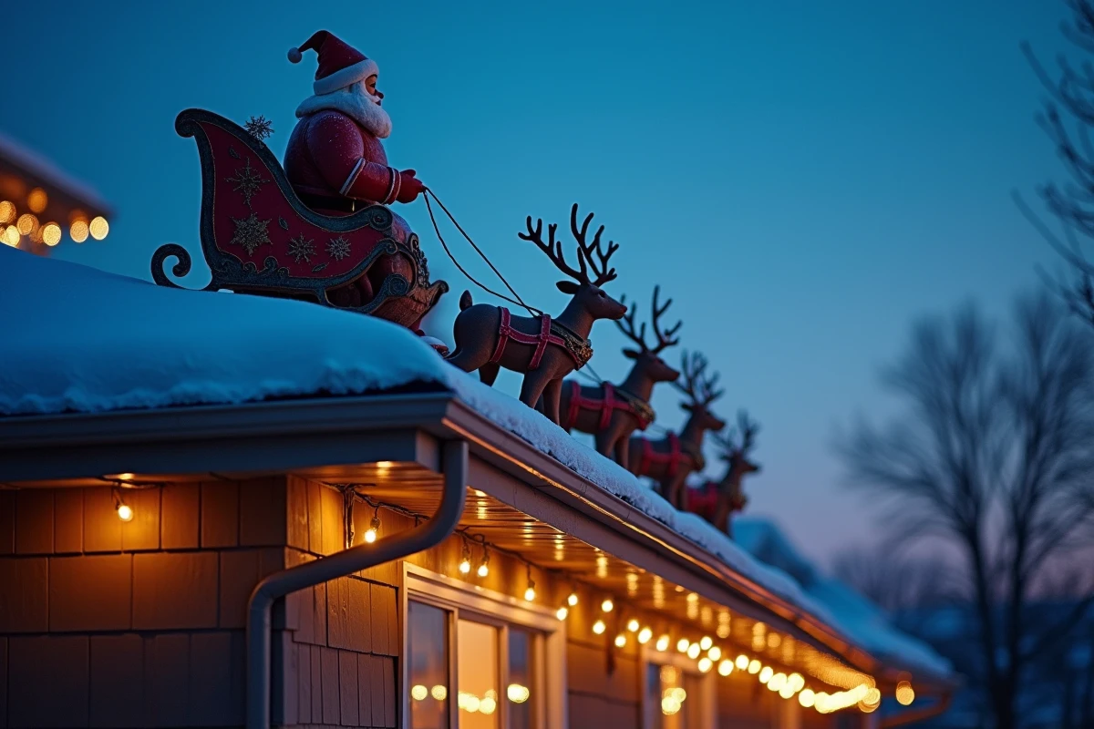 Décoration père Noël sur le toit d'une maison avec traîneau et rennes en 2026