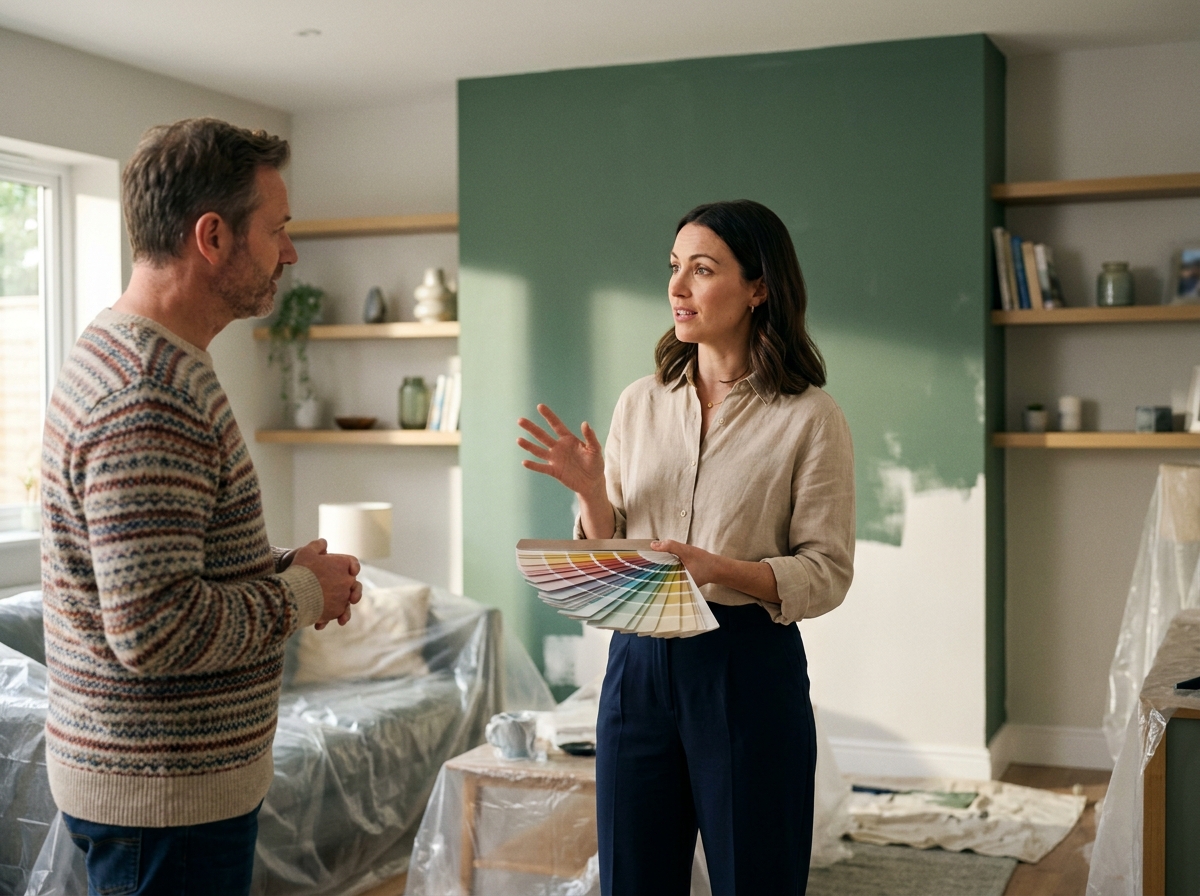 Décoratrice intérieure présentant des échantillons de couleurs de peinture à une cliente dans un salon en cours de rénovation