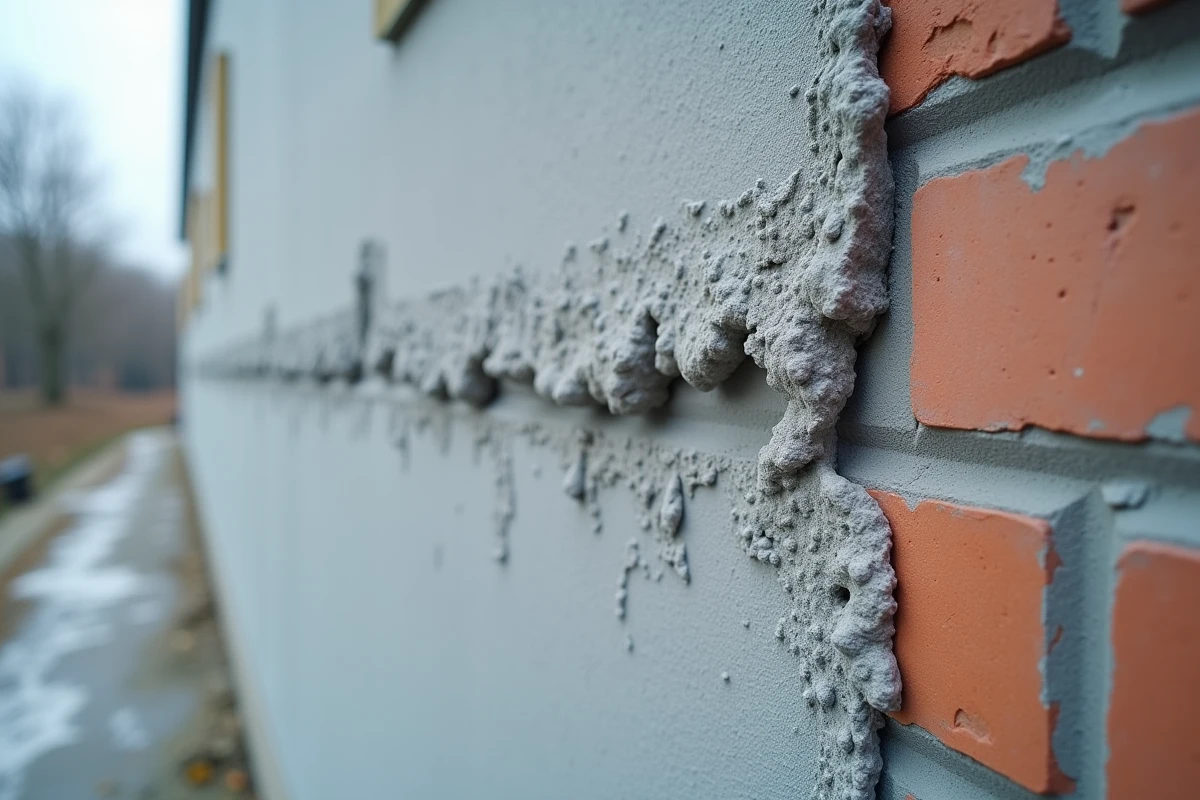 Défaut de pose de toile enduit sur façade extérieure avec maillage froissé et décollé, erreur courante à éviter