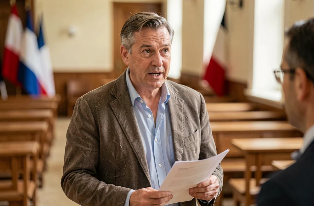 Député français en couloir de l'Assemblée nationale tenant des documents lors d'une conversation politique