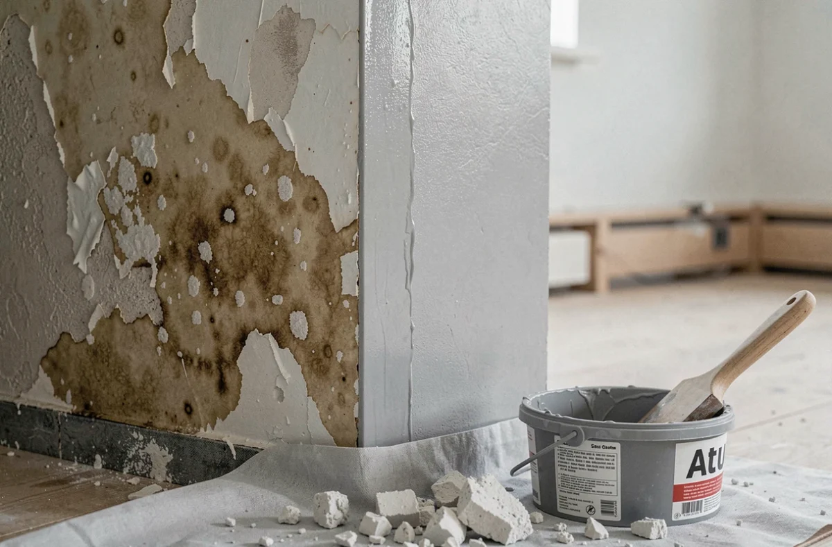 Détail d'un mur intérieur avec traitement humidité en cours, montrant zones traitées et non traitées