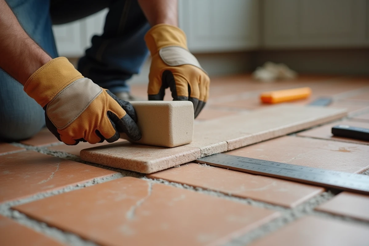 Gros plan sur la pose de carreaux en pierre naturelle avec joints et cales d'espacement sur un sol de cuisine