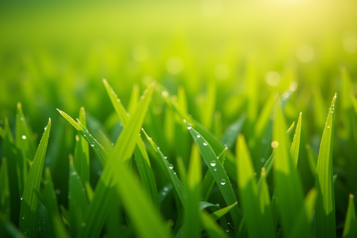 Gros plan sur herbe avec rosée et zones jaunes