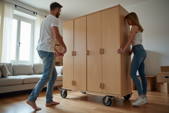 Homme et femme déplacent une grande armoire en toute sécurité
