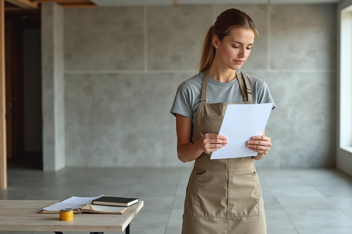 Professionnelle de la rénovation consultant un devis de prix de pose de carrelage dans un salon en cours d'aménagement