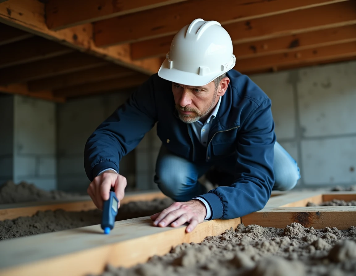 Expert en bâtiment inspectant les solives d'un vide sanitaire pour détecter la présence de capricornes et évaluer les risques structurels