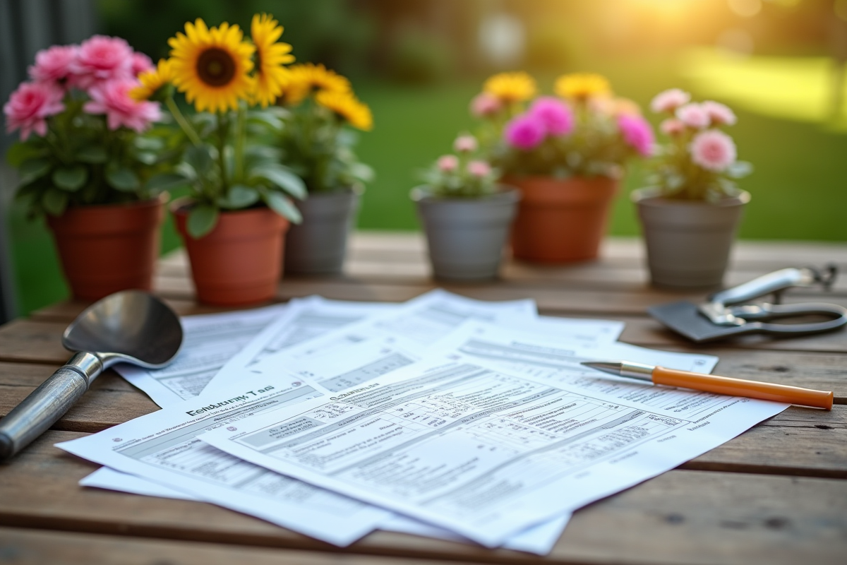 Documents officiels et formulaires fiscaux sur une table en bois extérieure