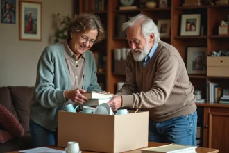 Femme et homme âgé triant des objets pour donation dans un salon chaleureux